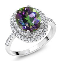 Gem Stone King 2.73 Cttw Oval Green Mystic Topaz and White Moissanite Halo Engagement Ring for Women | 925 Sterling Silver | Oval 9X7MM | Gemstone Birthstone | Size 7