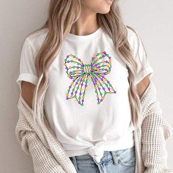Mardi Gras Coquette Bow Shirt, New Orleans Carnival T-Shirt, Louisiana Festival Beads, Cute Parade Shirt, Mardi Gras Celebration Top