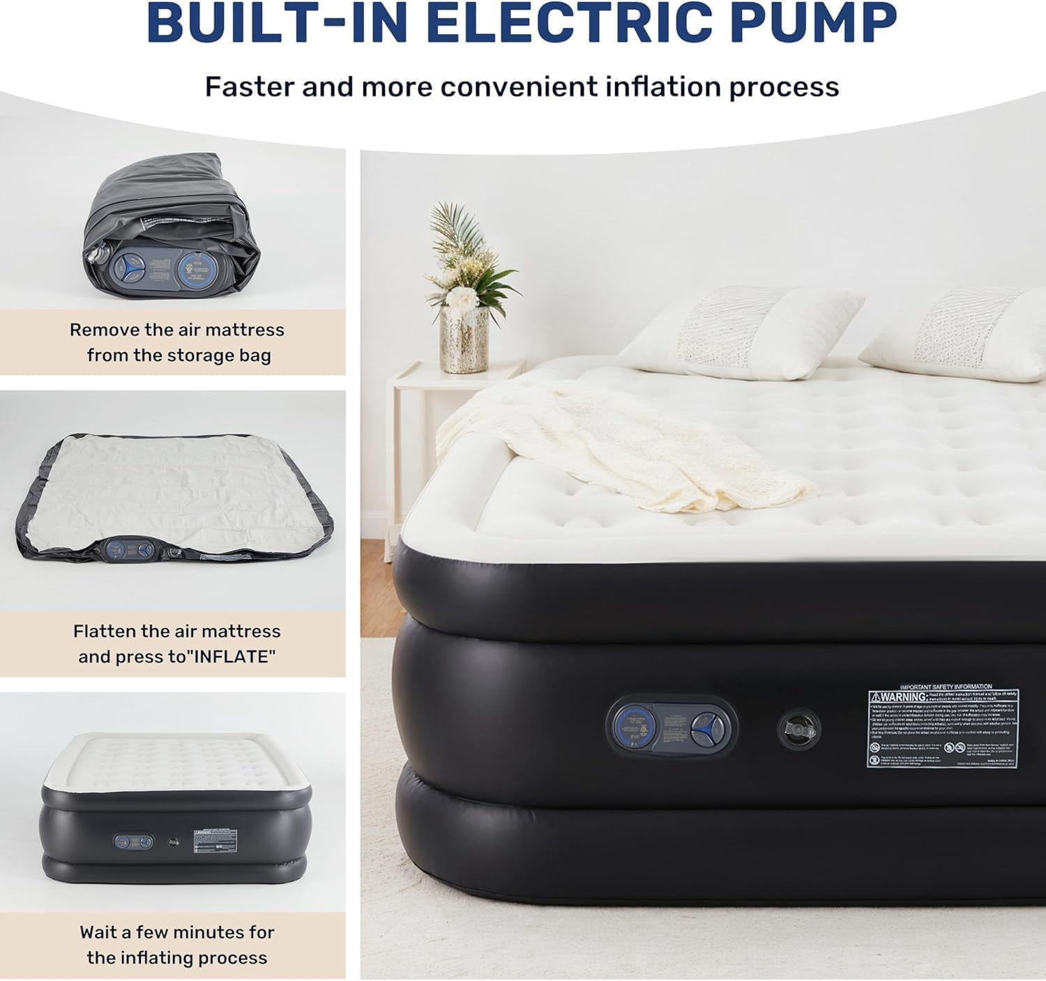 Portable Camping Air Mattress with Built-in High-Speed Electric Pump, Waterproof Inflatable Airbed with Carry Bag for Home, Travel & Guests