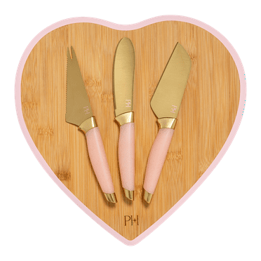 Paris Hilton 4-Piece Cheese Board Set with Large Heart-Shaped, Reversible Bamboo Cutting Board, Pink