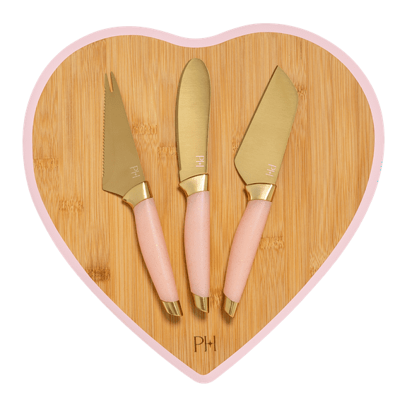 Paris Hilton 4-Piece Cheese Board Set with Large Heart-Shaped, Reversible Bamboo Cutting Board, Pink