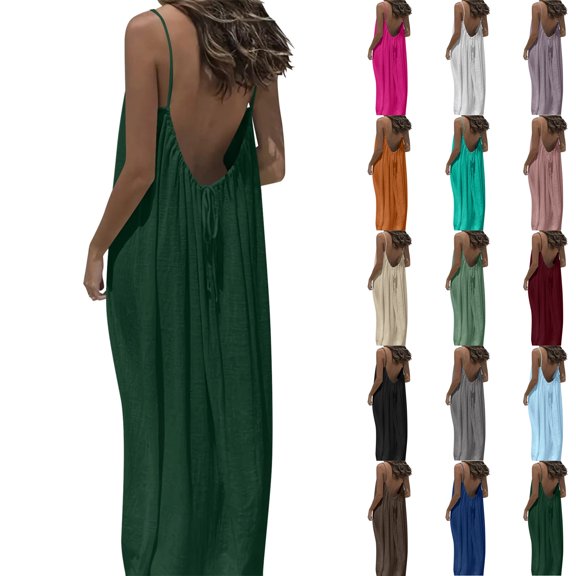 Fashion Women Summer Round-Neck Casual Solid Sleeveless Sleepshirts Sling Backless Dress Beach Dresses For Women Casual Fashion Sundresses Gifts