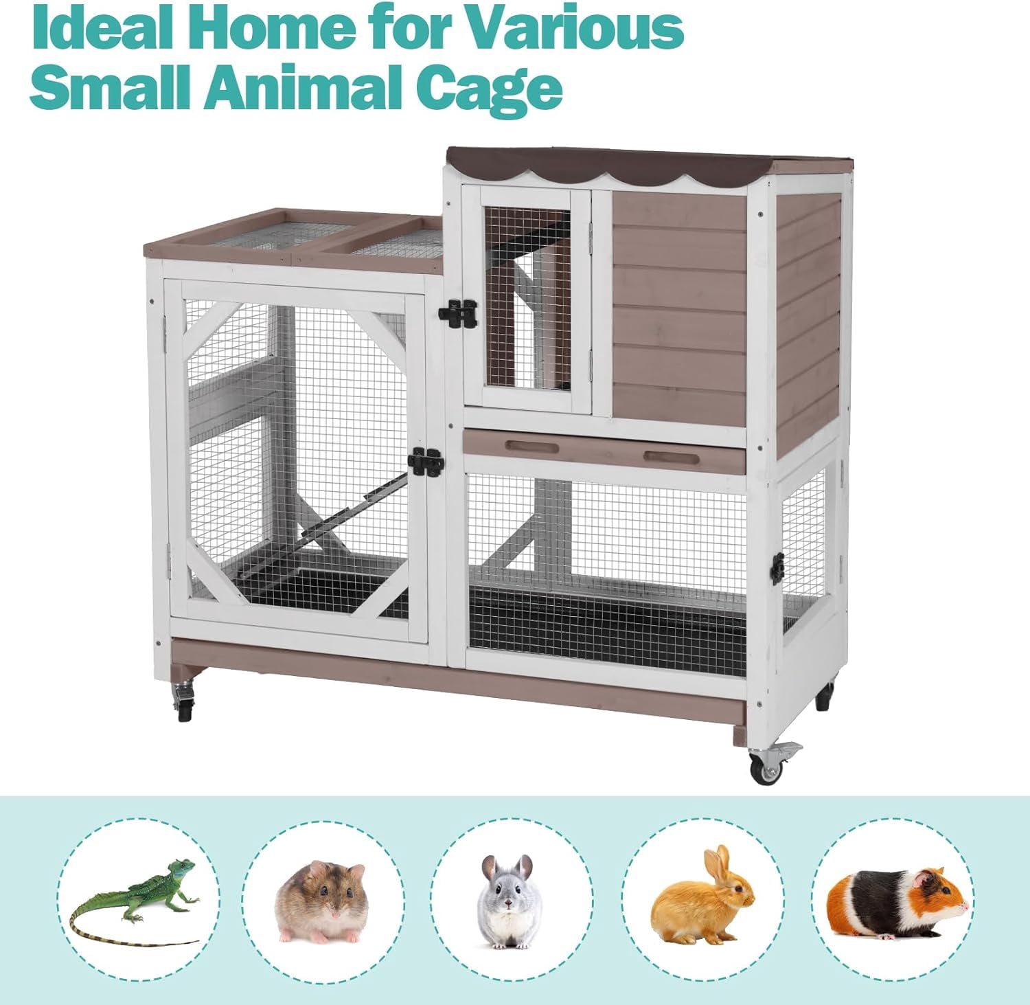 Aivituvin 2-Story Rabbit Hutch Bunny Cage Wooden Rabbit Cage Indoor/Outdoor with Chew-Proof Ramp, 2 Leak-Proof Pull-Out Trays, Lockable Wheels for Rabbits, Guinea Pigs, Small Animals Brown