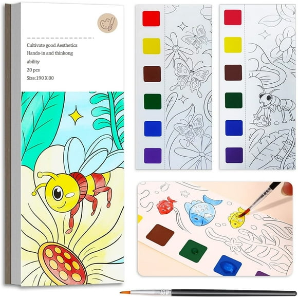Pocket Watercolor Painting Book,Water Coloring Books for Kids, Drawing Coloring Book, Watercolor Pocket Palette, Watercolor Paint Bookmark DIY Art Watercolour Bookmark with a Brush for Kids