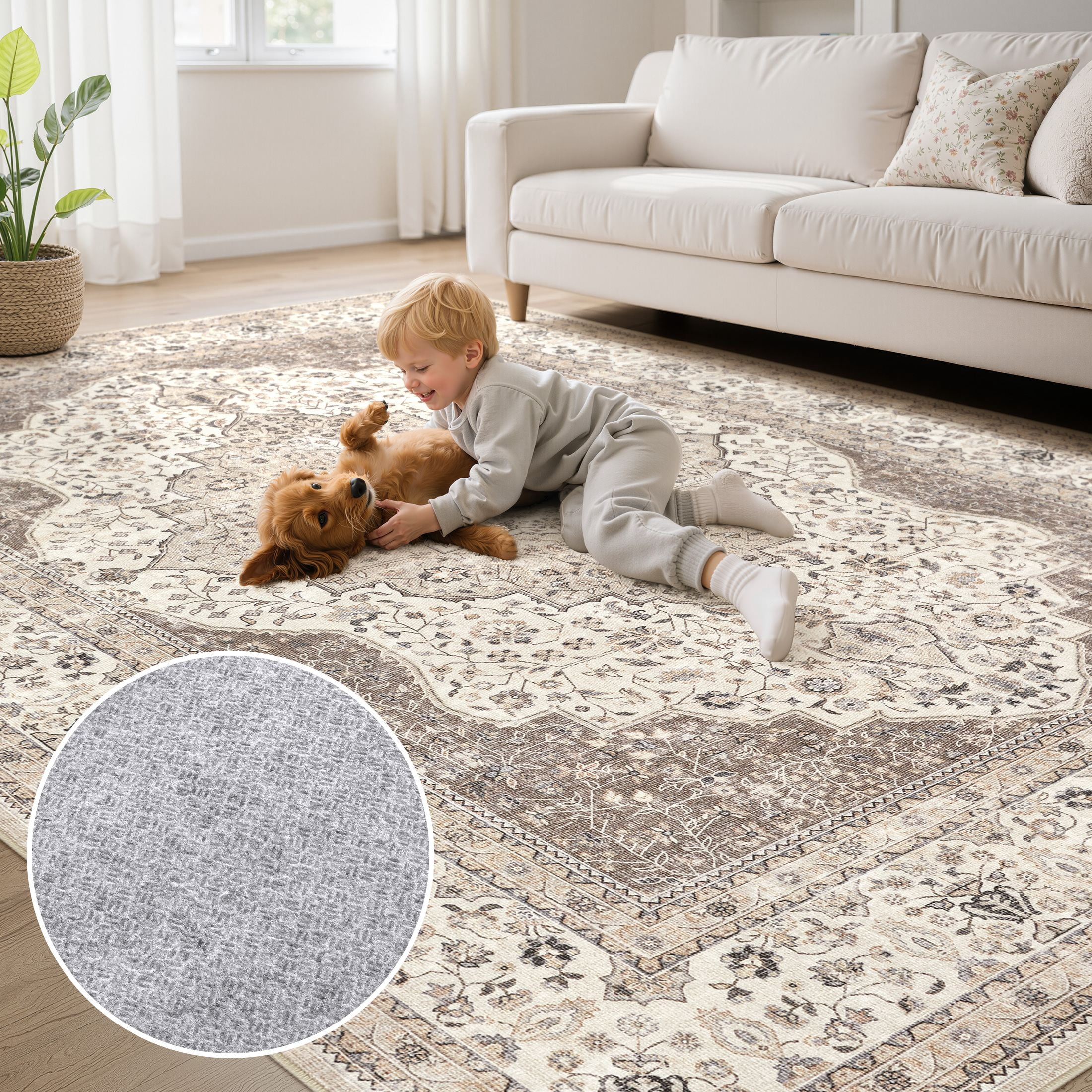 UERMEI 8'x10' Washable Area Rugs for Living Room, Vintage Floral Boho Printed Carpet, Non Slip Indoor Rug for Bedroom Home Decor Carpets - Brown