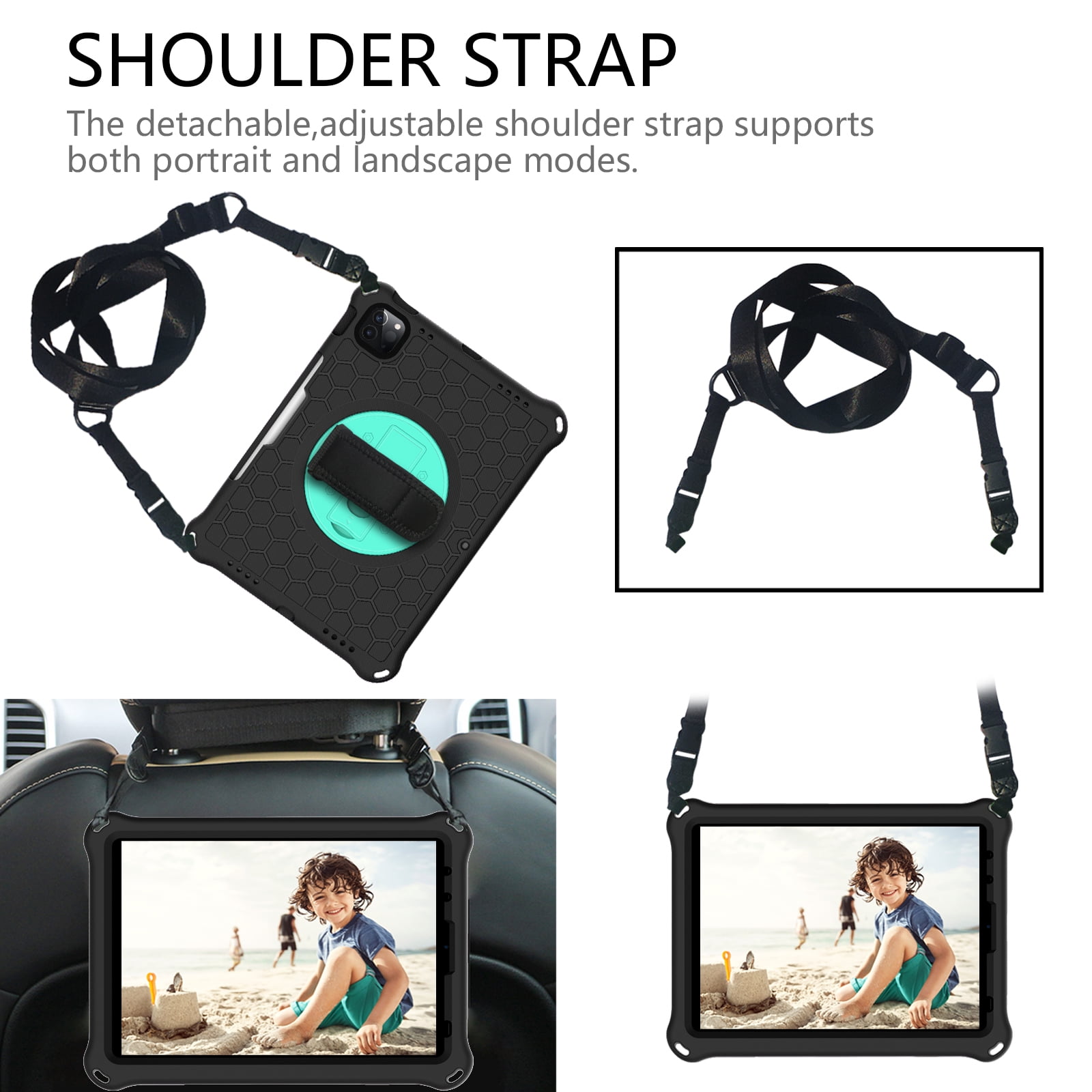 Allytech iPad Air 4th Gen Case, iPad Pro 11 2021 Case, iPad Pro 11 Case 2020/2018, Drop Protection Shockproof Shoulder Strap Pencil Holder Kickstand Case Cover for Apple iPad Air 4 10.9,Black/Green