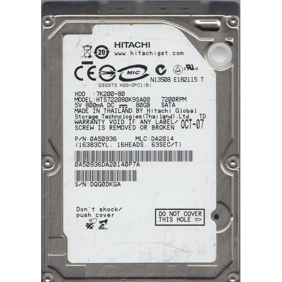 HTS722080K9SA00, PN 0A50936, MLC DA2014, Hitachi 80GB SATA 2.5 Hard Drive