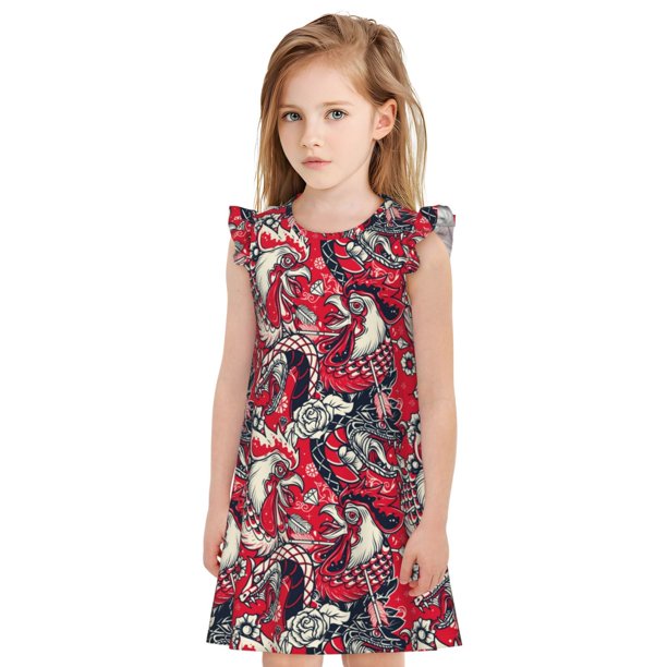 Fotbe Rooster Head Vestido de Dormir para Niñas de 3 a 10 Años, Mangas Cortas, Estilo Princesa, Pijama Camisón con Mangas Voladas-X-Large