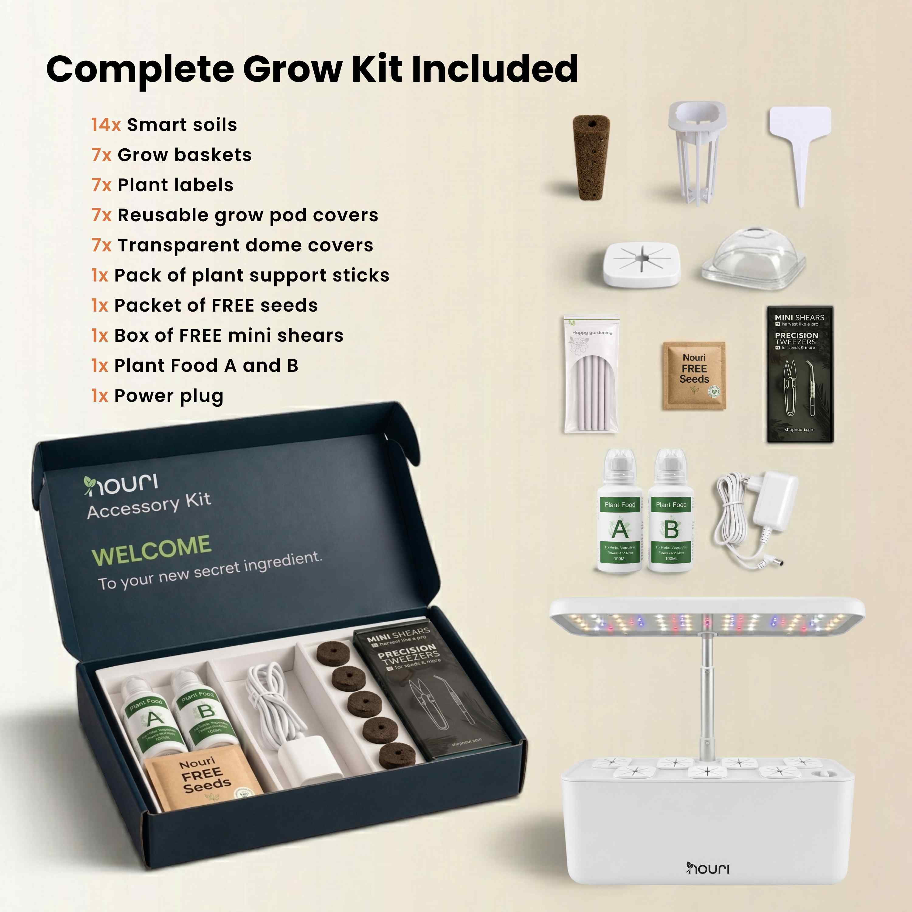 Nouri Hydroponics Growing System, 7 pod Smart Indoor Herb Garden Kit with LED Grow Lights, Hydroponic Herb Garden Indoor with  Basil Seeds Included