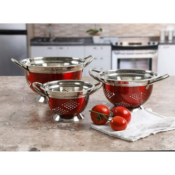 Metaline 3 Pack Round Asian Colander, Metallic Red
