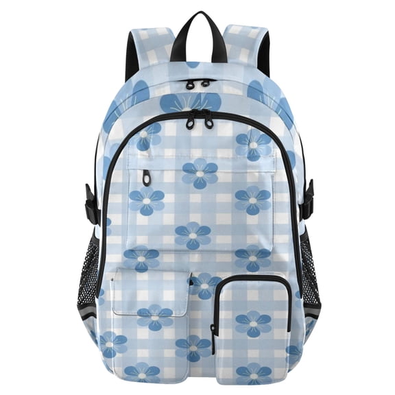 DIXRUYEE Blue Flowers Gingham Backpack for School 14”Laptop Compatible with Reflective Safety Strips