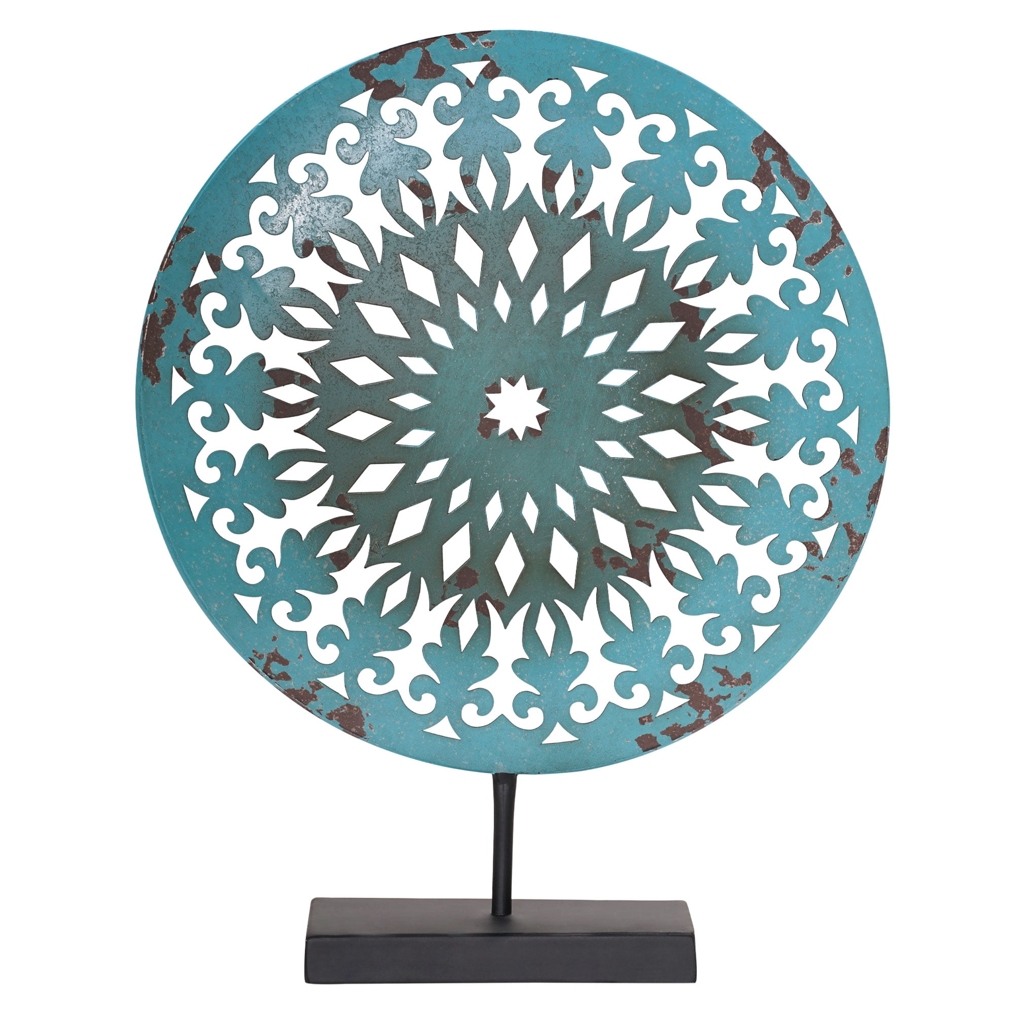 American Art Decor Turquoise Blue Rustic Antique Distressed Metal Mandala Medallion Round Tabletop Art Sculpture - 15" H x 12" L x 3" D