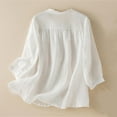 thumbnail image 5 of Solid Color Cotton Linen Blouse for Women V-Neck 3/4 Sleeves Vintage Tops Loose Embroidery Casual Shirts, 5 of 6