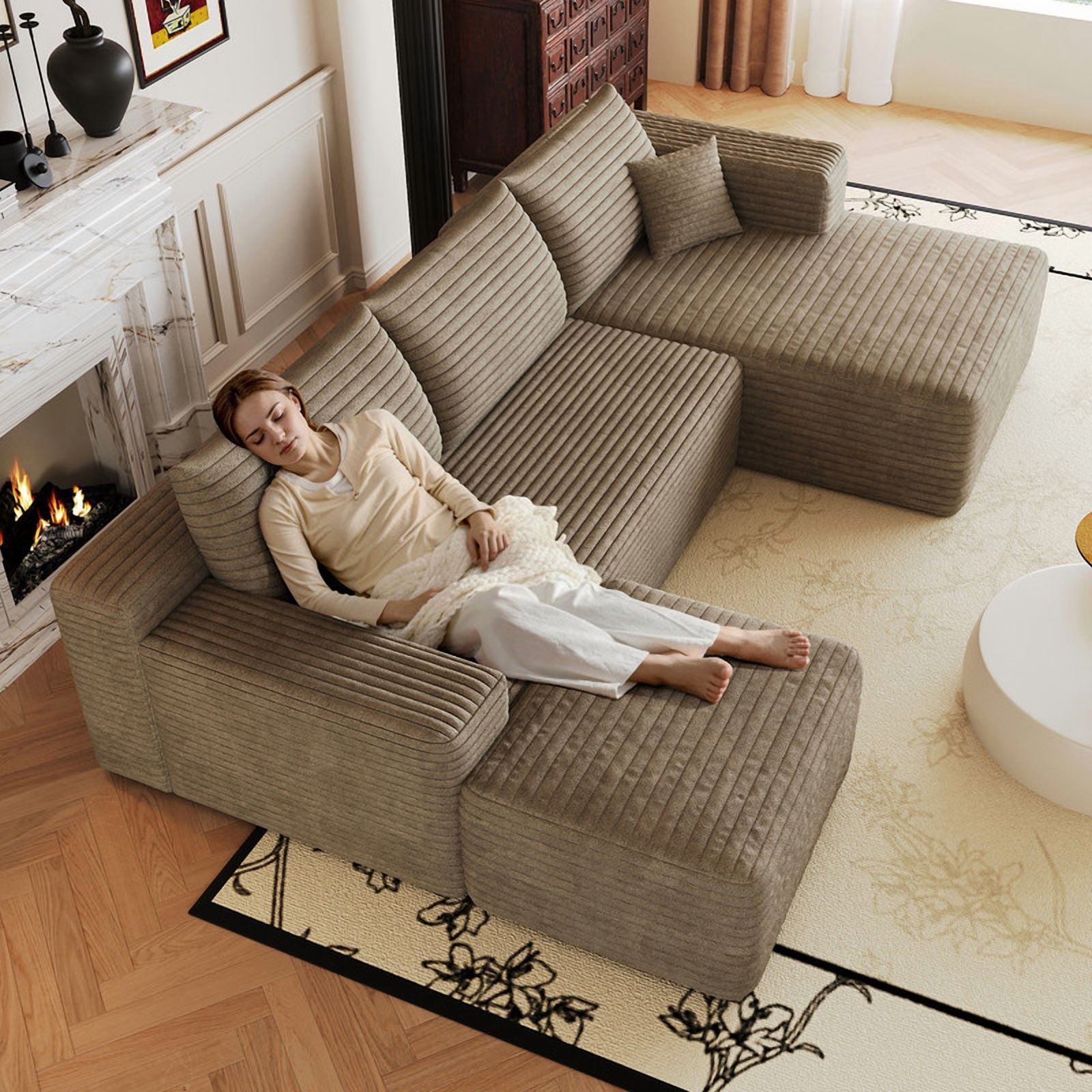 103" U Shaped Cloud Sectional Sofa with Ottoman, Modern Modular Corduroy Fabric Couch with Deep Seat and Chaise, Minimalist Upholstered Corner Sofa for Living Room, Apartment, No Assembly Required
