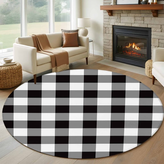 7Ft Round Area Rug, Black and White Checkered Non-slip Area Rugs Carpet for Living Room/Bedroom/Bathroom/Kitchen, Farmhouse Buffalo Plaid Washable Throw Floor Mat Indoor Outdoor Entrance Doormat