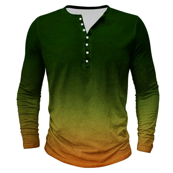 Dagegui Long Sleeve Henley Shirts for Men Gradient Color Print T-Shirts Tie Dye Tops Big and Tall Crewneck Buttons Tees Trendy Outdoor Active Shirt Green 5XL