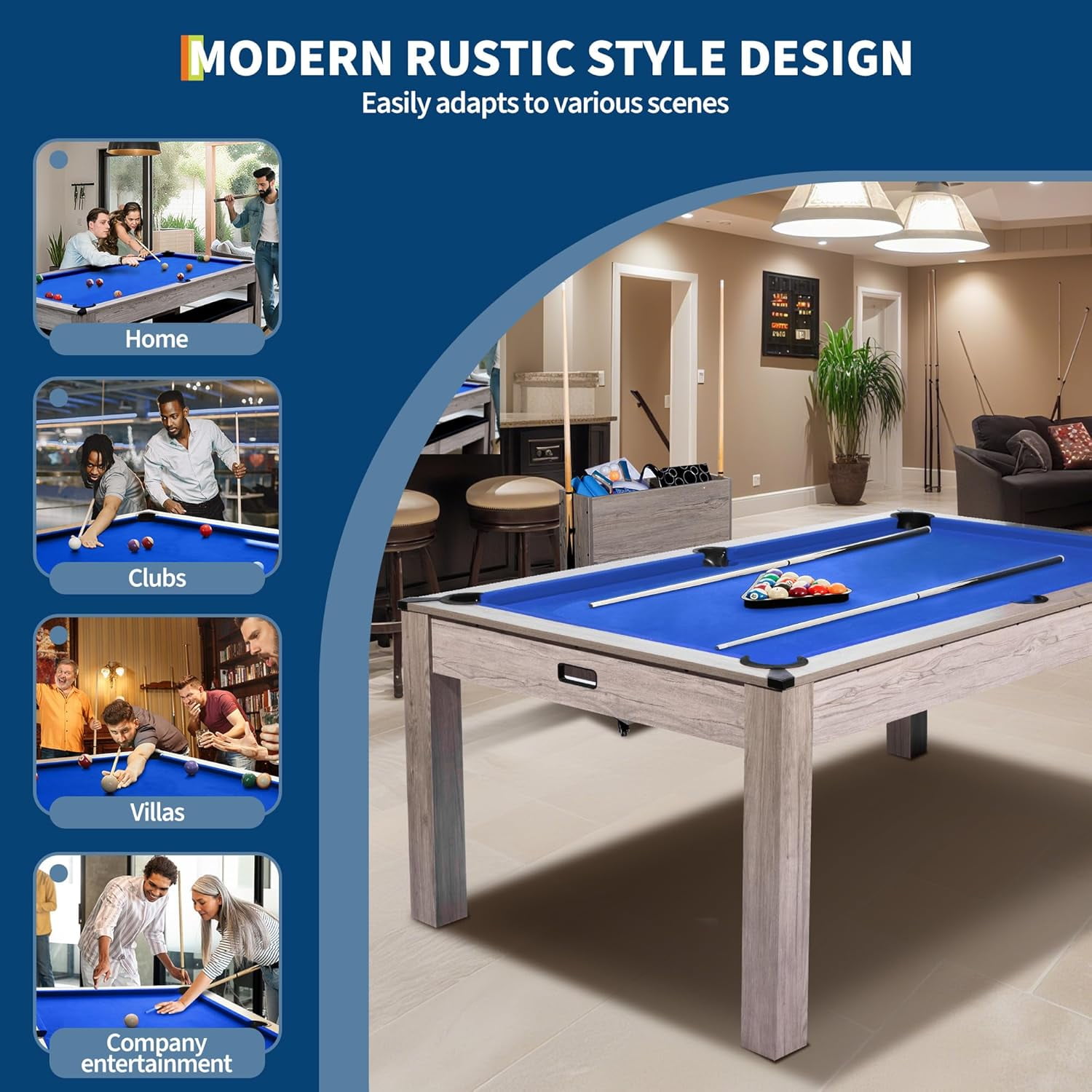 Acekid Pool Table 7FT 3-in-1 Dining Top Table Tennis Complete Set Cues Balls Ping Pong Paddles Net Rolling Storag