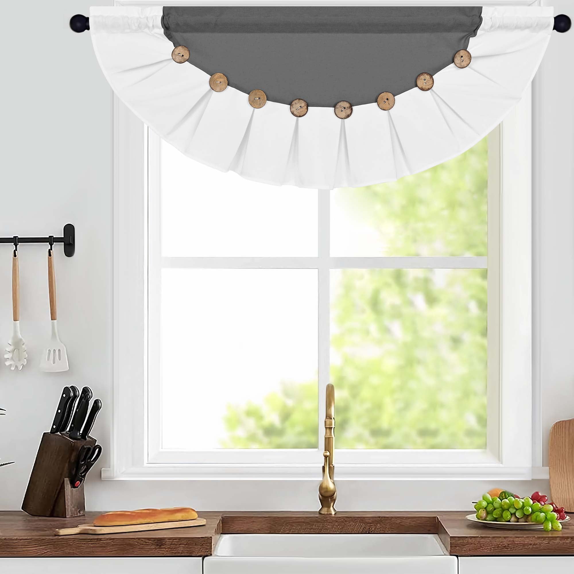 Alishomtll Linen Valance Farmhouse Boho Button Kitchen Curtains ,Rod Pocket,18"L x 52"W, Gray White
