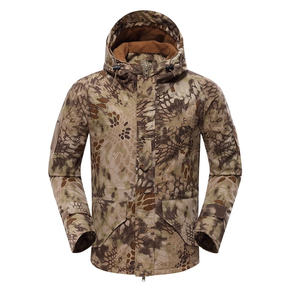 WRKEKC Men's Winter Camo Hooded Jacket Long Sleeve with Zippered Pockets, Insulated Casual Parka for Outdoor Activities Khaki 3XL