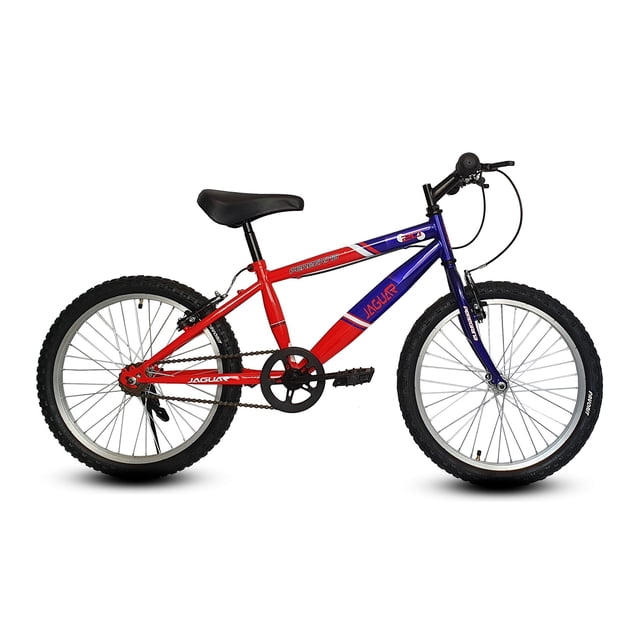 bicicleta jaguar peregrina rodada 20 acero rojo bicicleta montaña con cuadro de acero rojo y horquilla azul; 1 velocidad, frenos V brake, rines de aluminio y asiento vinil anatómico. Vista lateral centrada sobre fondo blanco con descanso lateral; ideal para altura 1.20–1.35 m y también adecuada para uso recreativo en parques.
