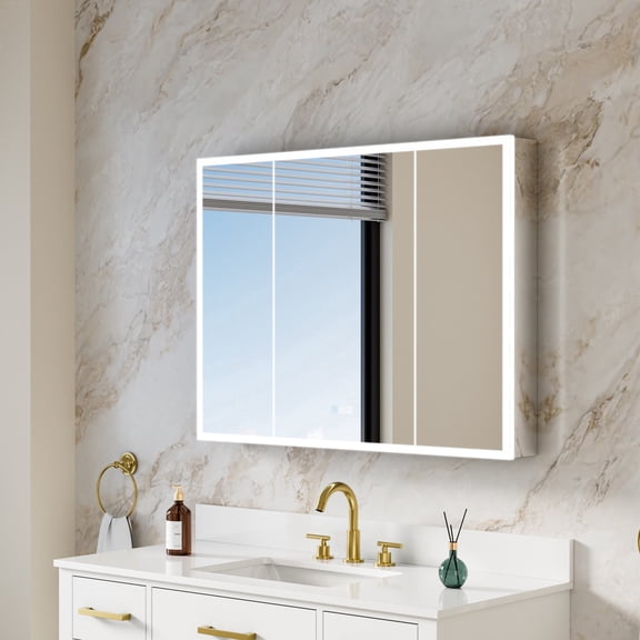 ANGELES HOME 40 in. x 30 in. Recessed/Surface Mount LED Medicine Cabinet with 3X Magnifier Glass Mirror, Anti-Fog, Dimmable Lights and Power Outlets
