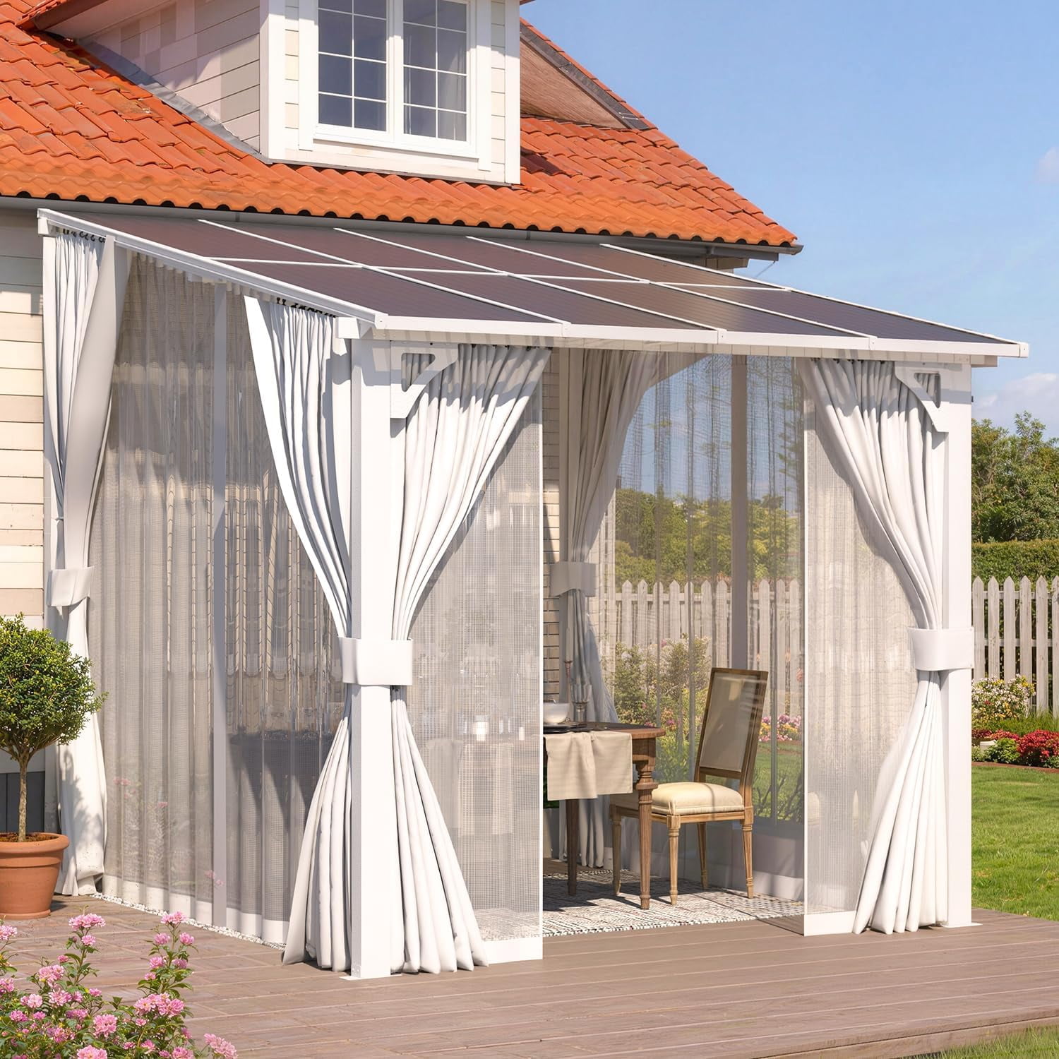 AECOJOY 8' X 8' Outdoor Lean to Gazebo for Patio on Clearance, Small Wall Mounted 8x8 Pergola with Curtains and Netting, Heavy Duty Metal Awnings for Lawn Backyard Garden Deck in White