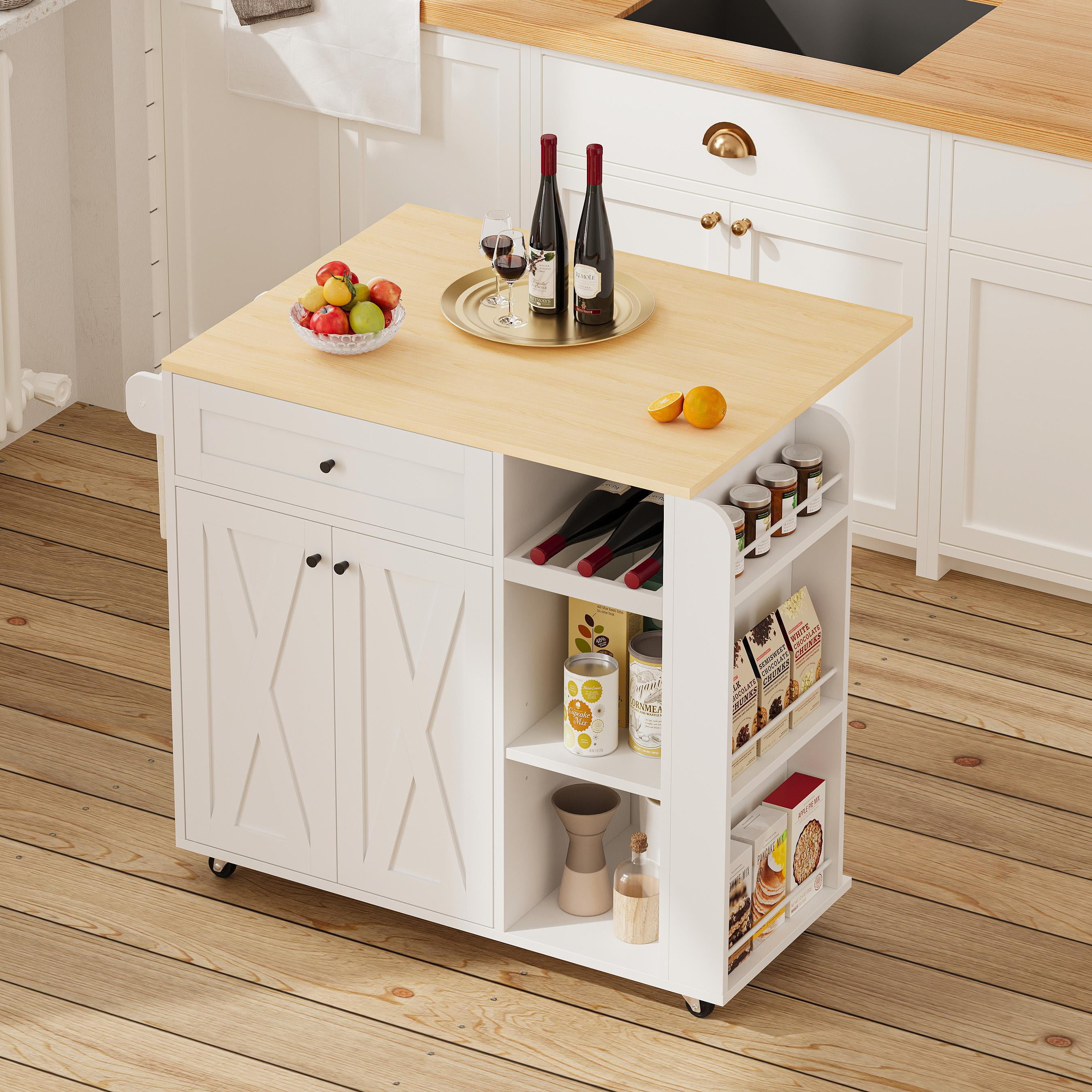 IRONCK Rolling Kitchen Islands Cart on Wheels with wine rack, folding tabletop, 1 drawer, 2 cabinets, 3 open shelves, and towel rack，White