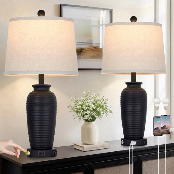 Cinkeda 25" Touch Control Table Lamp Set of 2, Black Sand-Textured Resin Body with Oatmeal Linen Shade, USB-A and Type-C Ports with AC Outlet, 3-Level Dimmable, E26 LED Bulb Included for Bedroom