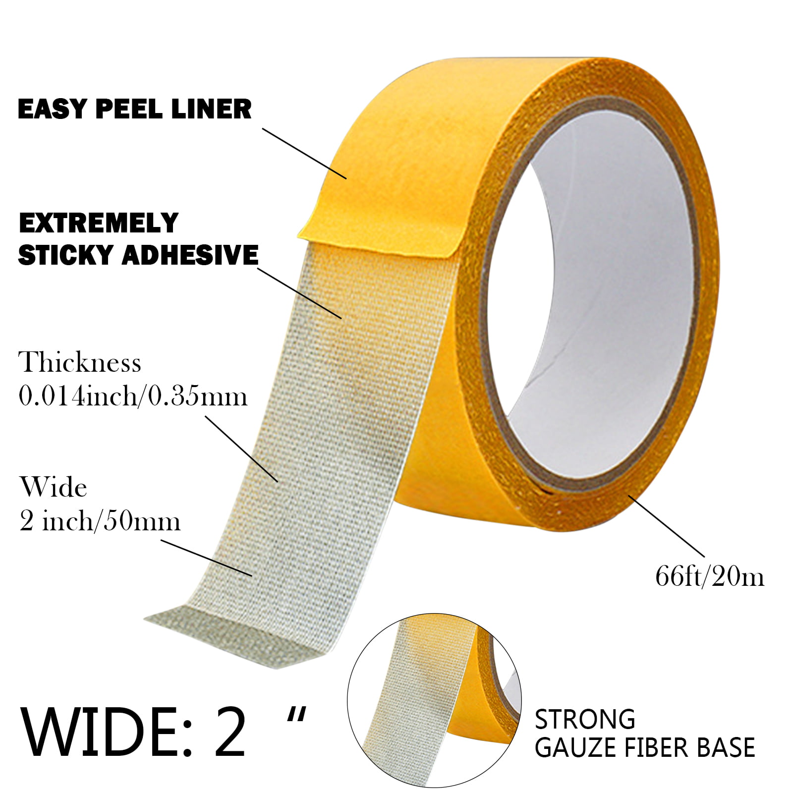 1 Roll Double Sided Tape Heavy Duty, 2inx66FT(20m), Universal High Tack  Strong Wall Adhesive with Fiberglass Mesh, Super Sticky Resistente Clear  Tape, Easy Use Transparent Tape 