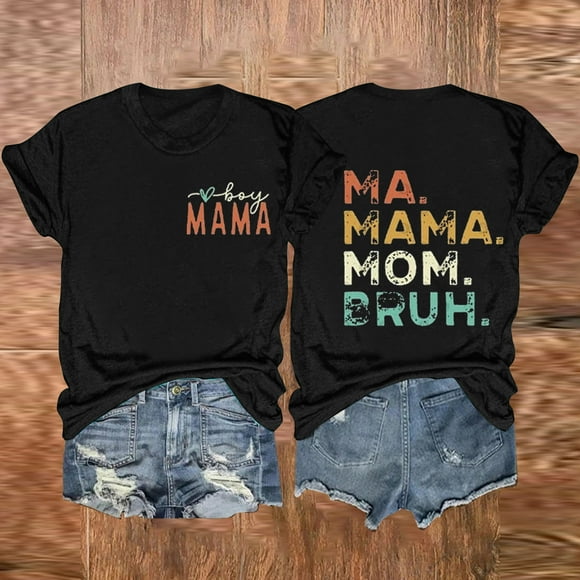 Meichang Hauts d'Été Décontractés pour Femmes T-Shirts Graphiques à Lettres Recto-Verso Garçon Mama Ma Mama Mom Bruh Chandails Tees Manches Courtes Col Rond Hauts Noir TTG