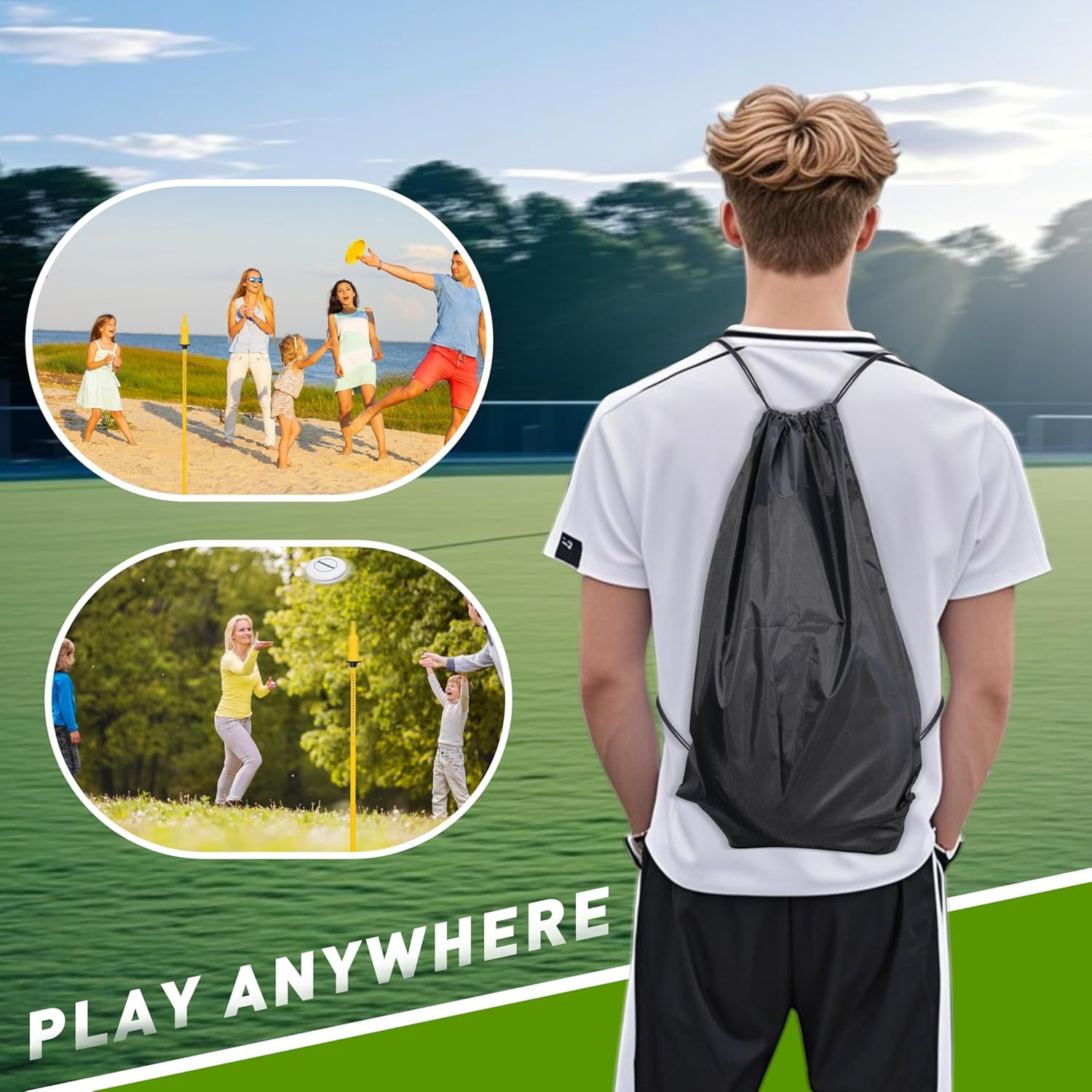 Adoreal Flying Disc Game Set with Height-Adjustable Poles & Score Tracker, Outdoor Bottle Toss Game for Beach, Lawn, Camping, Polish Horseshoes Set for Family & Friends Party Games