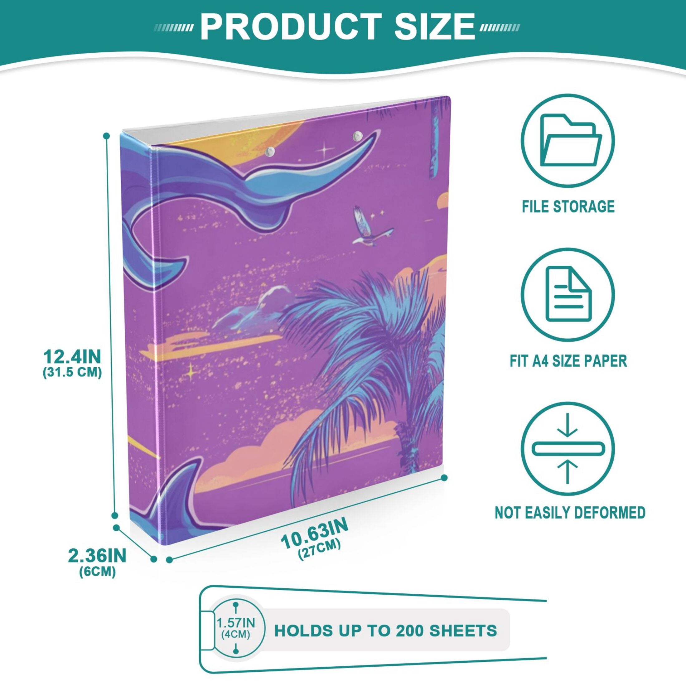 Retro Dolphins Trees 3 Ring Binders 1.5 inch Hardcover File Folders with Interior Pockets A4 Size Organizer for School Office Hospital