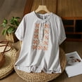 thumbnail image 2 of Dazajoo Short Sleeve Linen Shirt Women Boho Floral Embroidered Round Neck Tops Summer Casual Lightweight T Shirts,Gray,XXXXL, 2 of 9