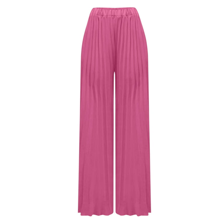 Olyvenn Women's Fashion Summer Casual Solid Chiffon Pockets Elastic Waist  Full Length Long Pants Double Layer Crinkle Wide Leg Pants Trousers Flare  Trousers Pink 6 