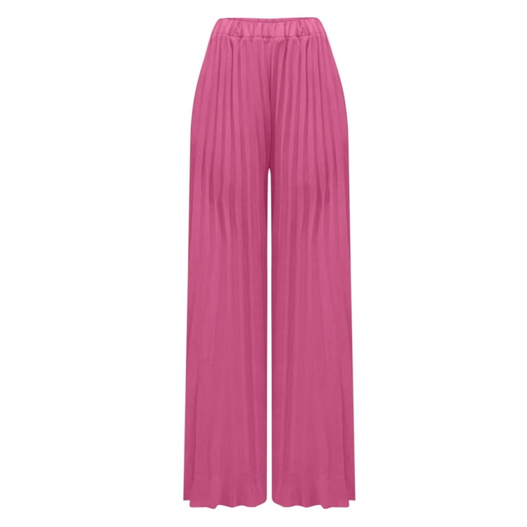 Zodggu Womens Fashion Summer Casual Solid Chiffon Pockets Elastic Waist  Full Length Long Pants Double Layer Crinkle Wide Leg Pants Trousers Flare