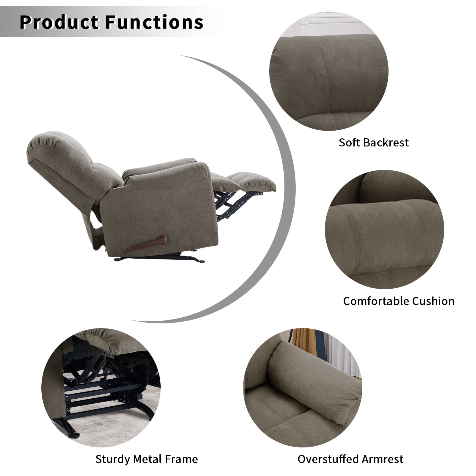 Ebello Manual Rocker Recliner Chair for Adults – Soft Fabric Reclining Sofa with Overstuffed Backrest, 300 lbs Weight Capacity,Grey