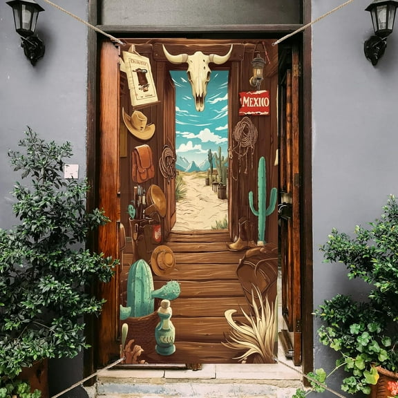 1 Set 1 Pc Western Cowboy Door Banner Wooden Cabin Cow Skull Cowboy Gear Saddle Boots Door Sign Cover Backdrop Theme Party Favors Western Birthday Party Supplies 35.4x72.8 inch(90x185cm)