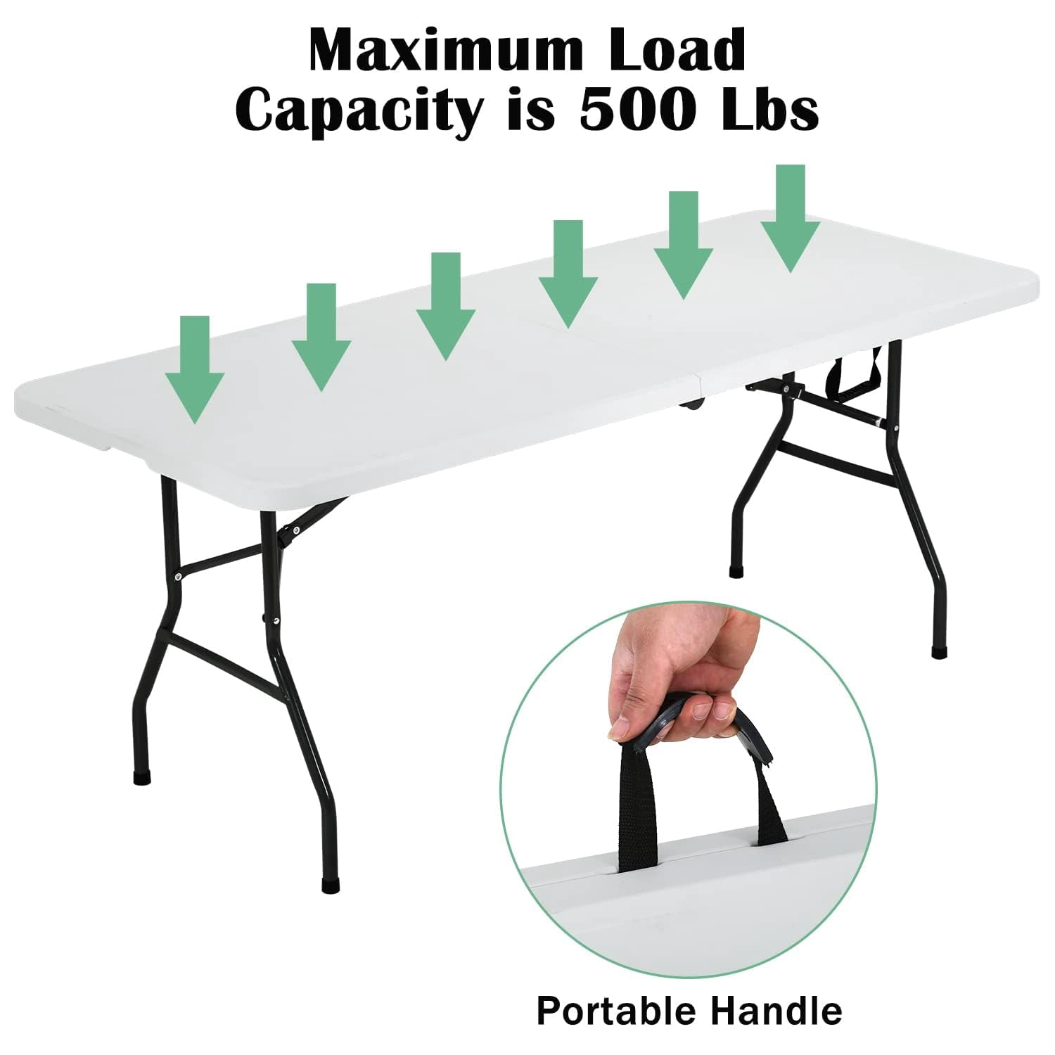 NiamVelo Folding Tables 6ft Folding Table Portable Plastic Indoor Outdoor Camping Dining Table with Carrying Handle, White