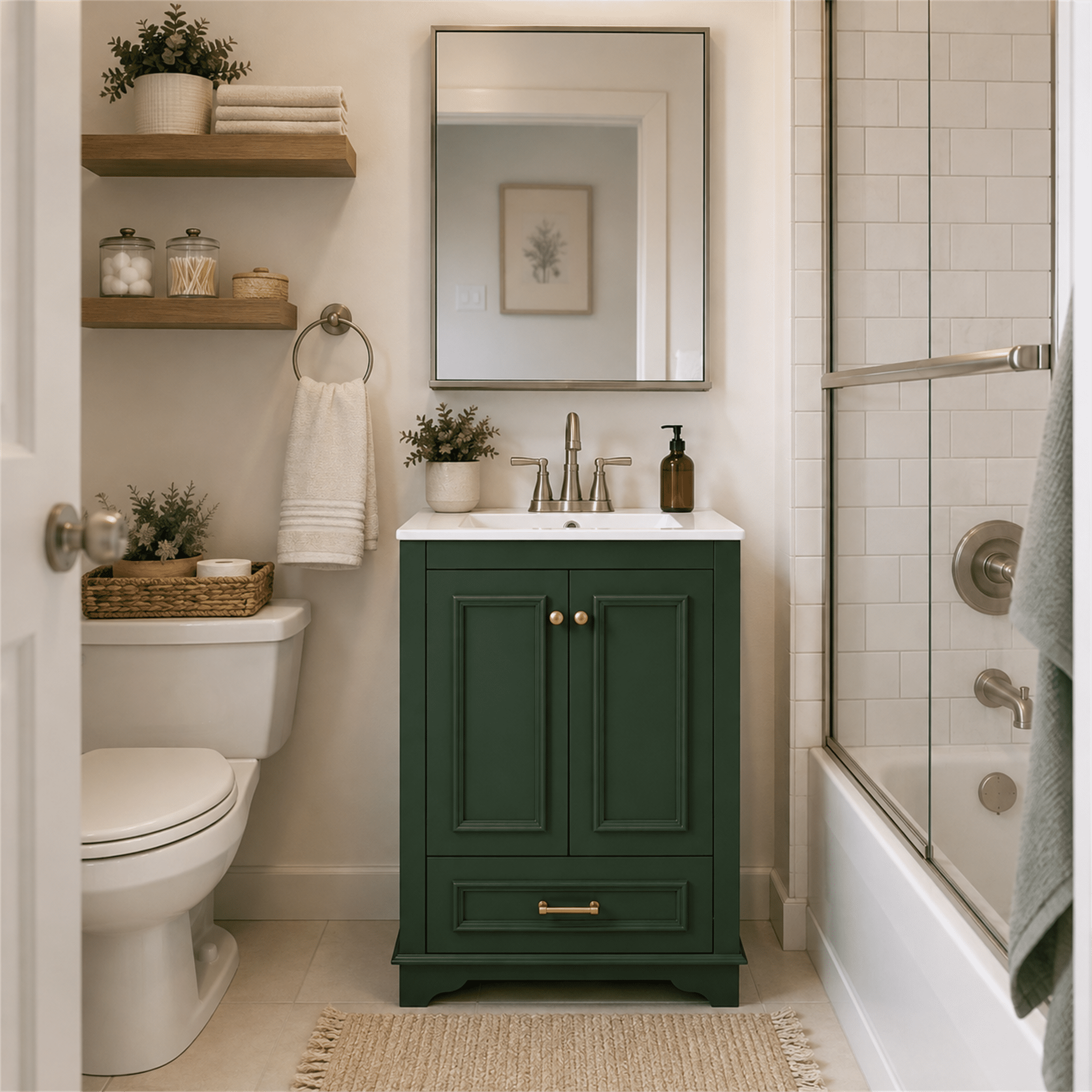 Homy Casa 24" Bathroom Vanity with Sink, Ceramic Top Storage Cabinet for Small Bathrooms, Dark Green