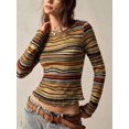 thumbnail image 3 of Women's  Multicolor Striped Ribbed Knit Long Sleeve Top Crew Neck Slim Fit Stretchy Fitted Pullover for Fall Spring Boho Retro Daily Outfits with Low Rise Denim Shorts and Belt, 3 of 8