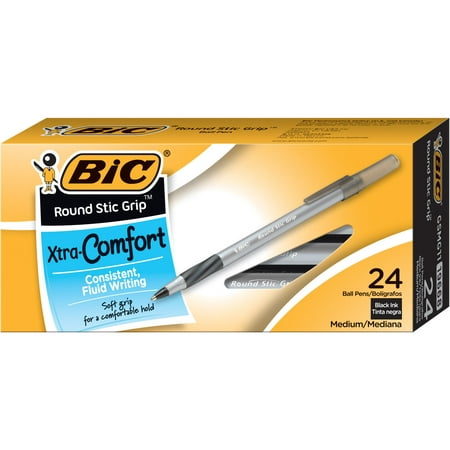 BIC Round Stic Grip Xtra Comfort Ball Pen, Classic Medium Point (1.2 mm) -- Box of 24 Black Pens, Smooth Writing Experience
