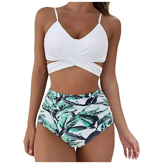 QLEICOM Womens Swimsuits Tummy Control Plus Size Swimsuit Coverup Two Piece Vintage Swimsuit Printed Wrap Cross Cutout Bikini Sets Swimwear Push Up High Waist Bikini With Bottom White S