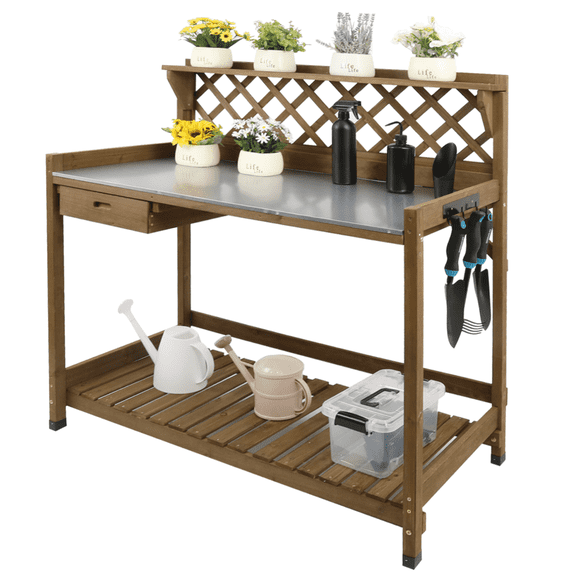 Wooden Potting Bench with Galvanized Metal Top, Potting Table with Drawer & Open Storage Shelf for Outdoor Patio Backyard, Brown