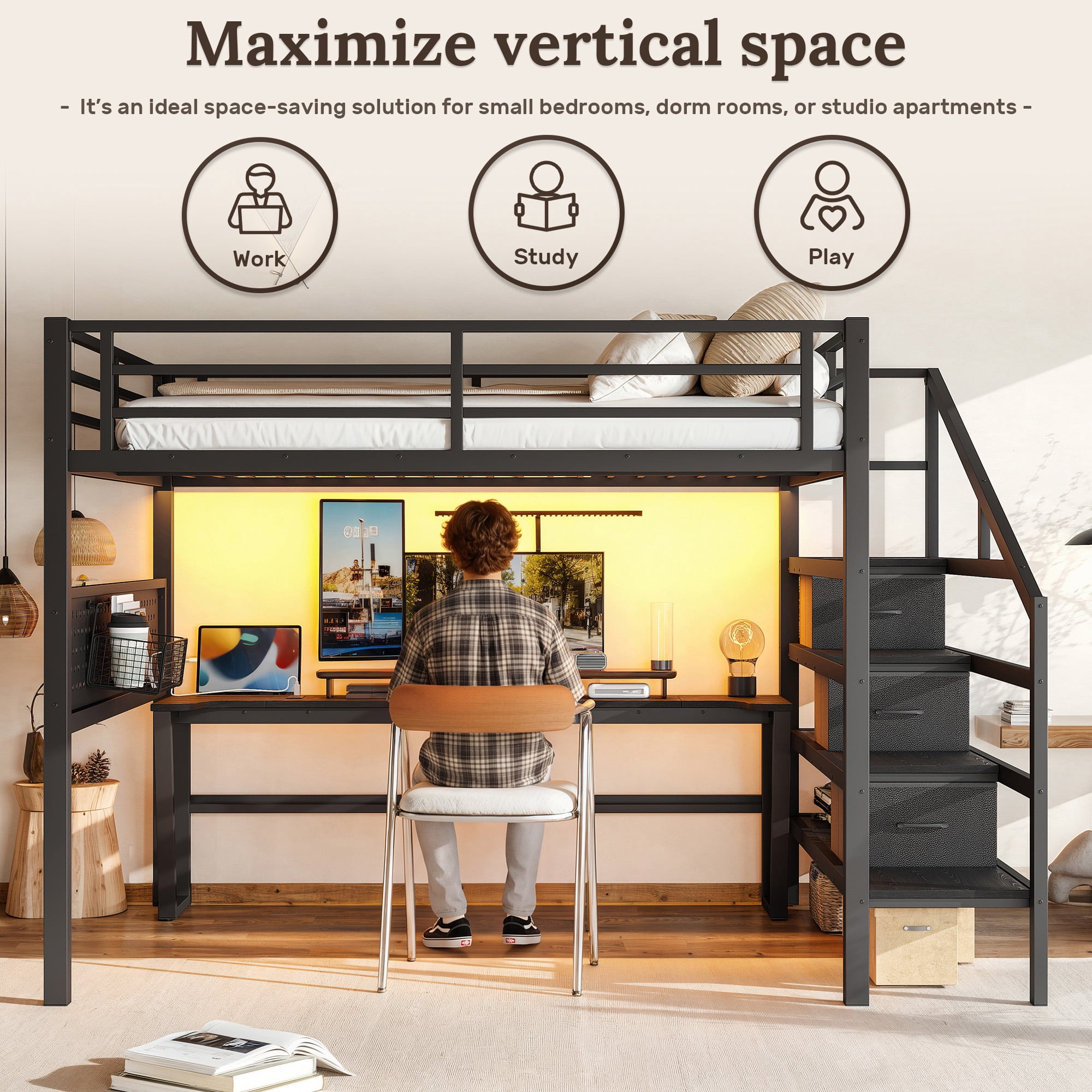 Leumius Queen Size Loft Bed with Storage Stairs and Movable Desk with USB,Metal Loft Bed Frame with 3 Fabric Drawers and LED, Full-Length Guardrail and Pegboard,Black