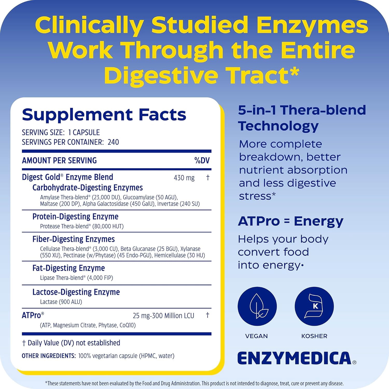 Enzymedica Digest Gold + ATPro, Maximum Strength Enzyme Formula, Fast-Acting, Helps Digest Large Meals, Prevents Bloating and Gas, 240 Capsules