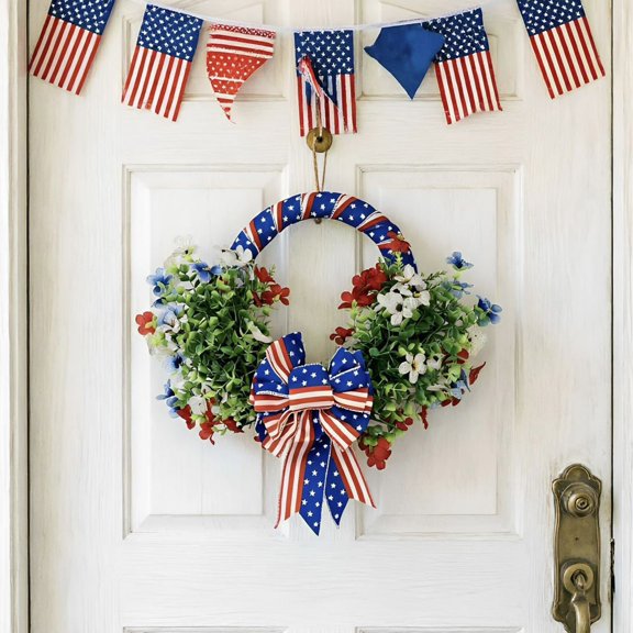 Miwamany Patriotic Wreaths for Front Door, 4th of July Independence Day Memorial Day Wreath with Red White Blue Flowers, Outdoor Patriotic Door Decor for Home Porch All Seasons Wreaths