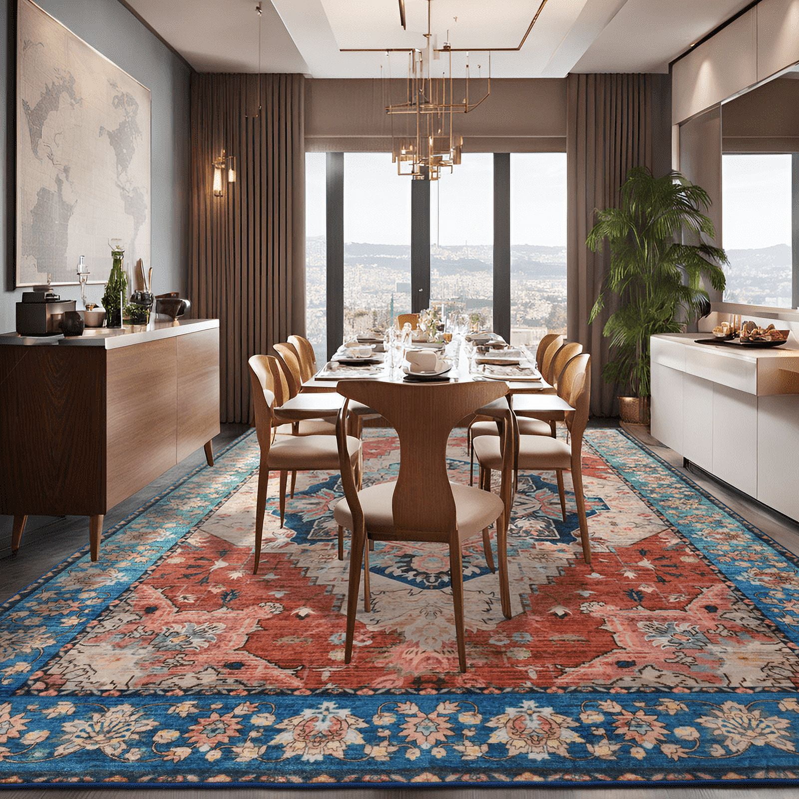 Junovo 6'x9'Rugs for Living Room Boho Rug Floor Carpet,Blue/Orange