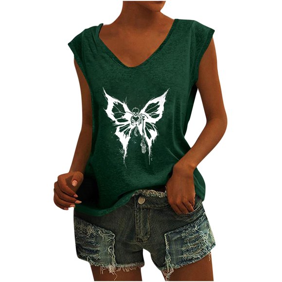 Camisetas sin mangas con cuello en V de verano para mujer, camisetas de manga corta con estampado de mariposa Retro OAVQHLG3B Store lin121212