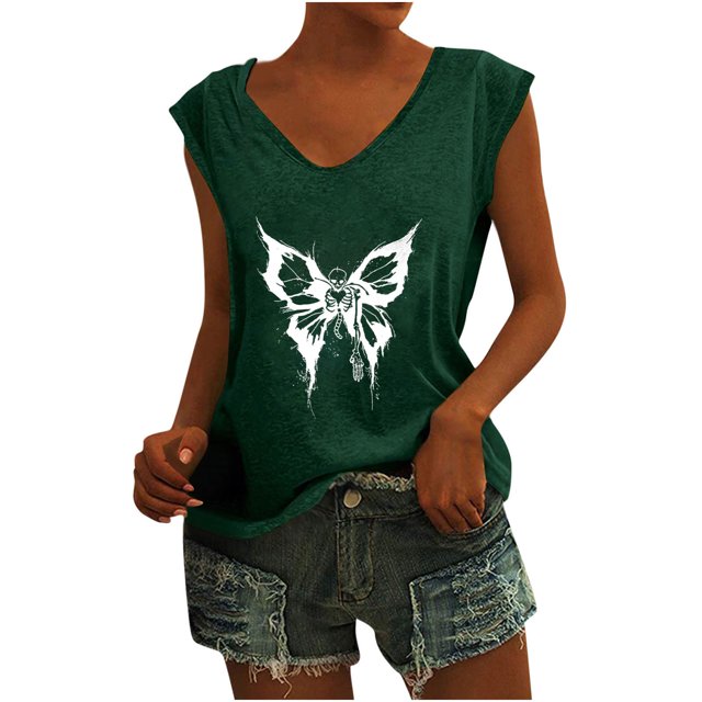 Camisetas sin mangas con cuello en V de verano para mujer, camisetas de manga corta con estampado de mariposa Retro OAVQHLG3B Store lin121212