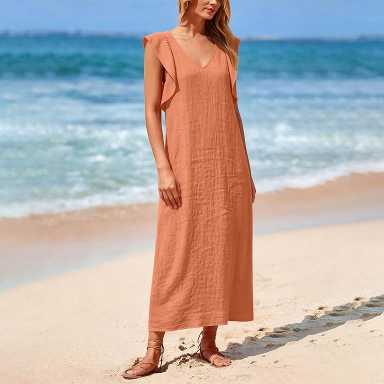 maxi shift dresses for summer Ayolanni Casual Summer Dresses for Women 2026 V-Neck Solid Sleeveless Maxi Shift Dress Daily Loungewear Flowy Ruched Knee Length Sundress Orange XL,